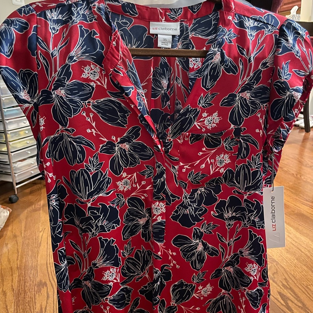 Liz Claiborne Red and Blue Floral Blouse